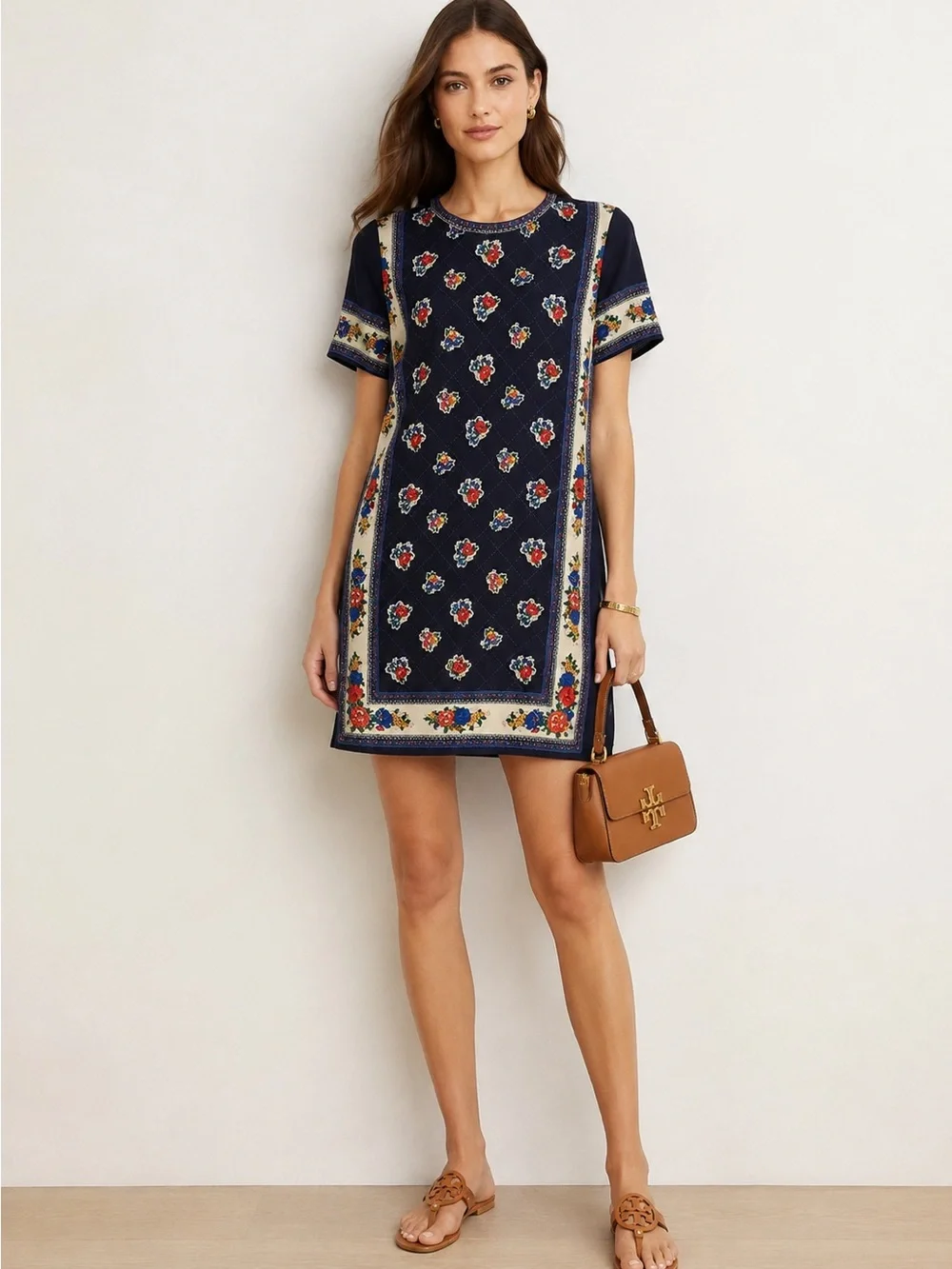 Tory Burch Printed Pima Cotton Floral T-Shirt Dress Navy Size S